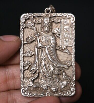 2,2" Ancien Chine Argent Feng Shui meizhou Mazu Déesse Pendentif Amulette