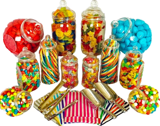 JUMBO Plastic Sweet Jars 12 jars 100 bags 2 Scoops 2 tongs Candy Buffet Wedding