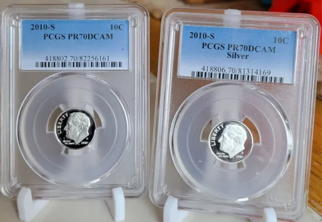 2010 S PCGS PR70 DCam Silver Roosevelt Dime & PCGS PR70 DCam Clad Dime, 2 Coins