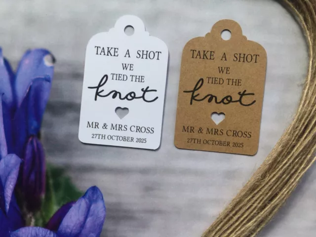Personalised We Tied the Knot Take a Shot  Wedding Favour Tags  Thank You 30912