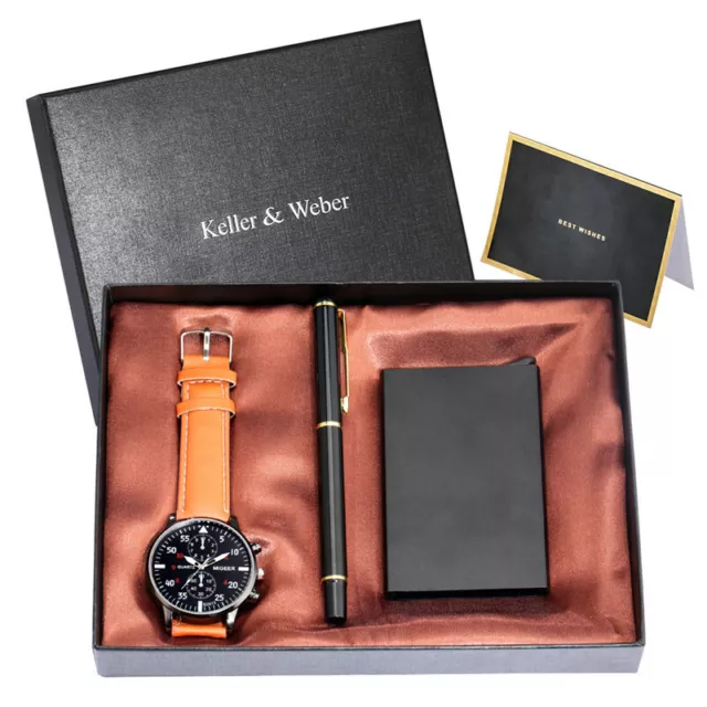 Luxury Men Analog Quartz Watch Business Gift Set with Signing Pen Card Case Box