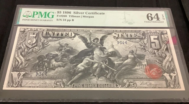 1896 $5 Silver Certificate  Pmg Gem Unc 64 Epq  Fr 268 Educational  Low Serial #