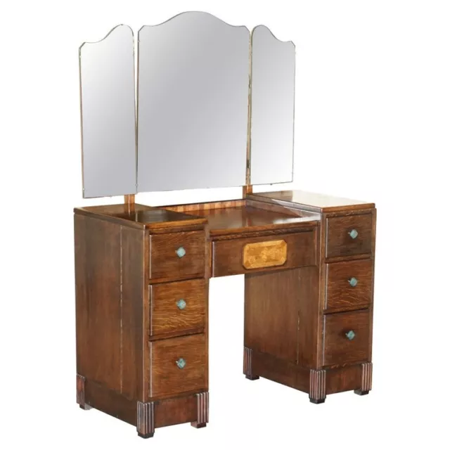 Stunning Vintage Art Deco Circa 1930'S Oak & Burr Walnut Dressing Table + Mirror