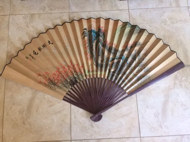 VINTAGE LARGE CHINESE PAINTED FAN CALLIGRAPHY CHOP MARK 170cm SPAN ORIGINAL BOX