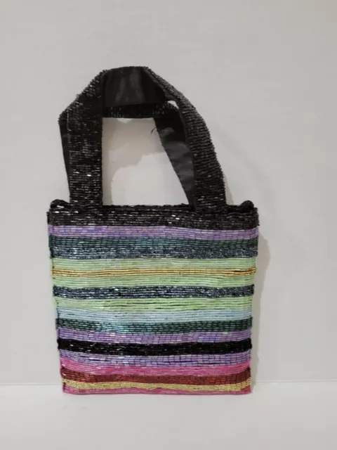 Vintage Valerie Stevens Beaded striped hand bag rainbow art deco crossbody strap