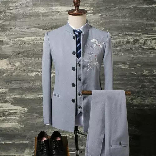 Men Suit Coat Vest Pants Chinese Retro Style Suit Stand Collar Blazers Jacket