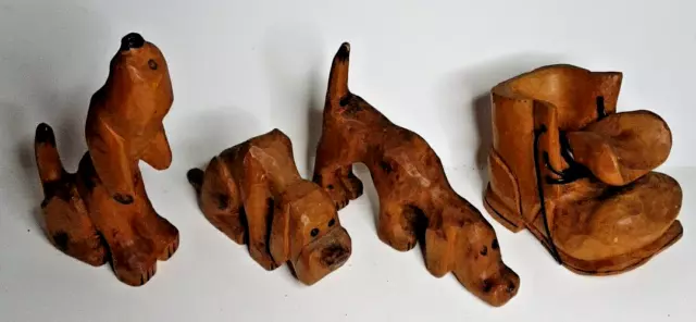 3 Hand Carved Wood Hound Dogs 1 Boot  Primitive Folk Art Signed WB
