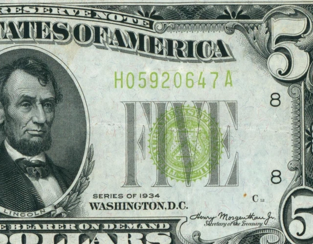 $5 1934 ((VF+++)) LGS LIME ((LIGHT GREEN SEAL)) Federal Reserve Note