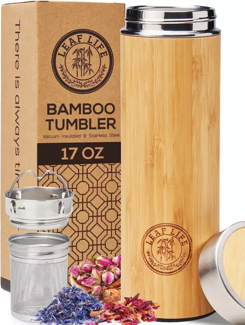 Premium Bamboo Thermos with Tea Infuser & Strainer 17Oz Capacity - Keeps Hot & C