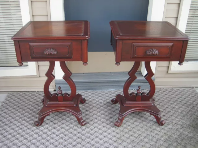 Vintage Antique Pair Mahogany Wooden Lyre Base End Side Table Nightstand Drawers