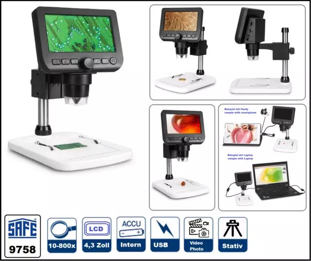 SAFE-9758-LCD-Digital-Mikroskop-Video-Foto 10-800x-Vergrößerung Akku-USB Stativ