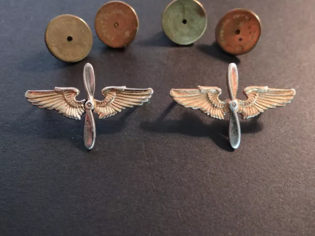 WWII US Army Air Force AAF Pair Officer Wings Propeller Collar Insignia STERLING