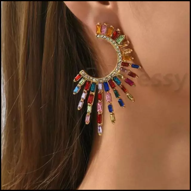 LARGE RHINESTONE MULTI COLOR CRYSTAL HOOP EARRINGS Rainbow Party 6cm Luxury