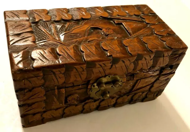 ORIENTAL WOOD JEWELRY BOX Hand Carved Handmade Handcrafted Brown Art Asia Orient