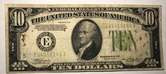 1934 $10 Federal Reserve Note FRB E Richmond FR2004E Fine, lt green. #42