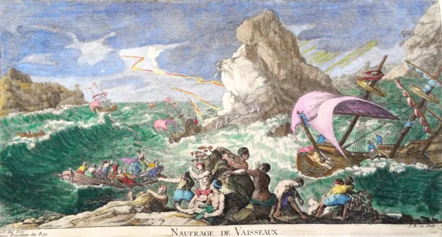 Ships in storm – copper engraving Jacques Rigaud, 1730, Naufrage de Vaisseaux