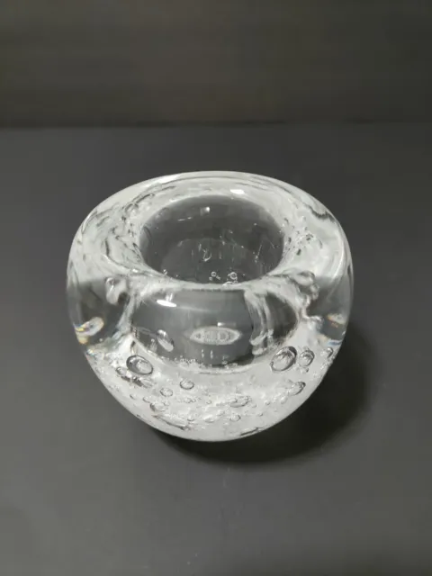 Large Heavy Clear Hand Blown Controlled Bubble Art Glass Candle Holder