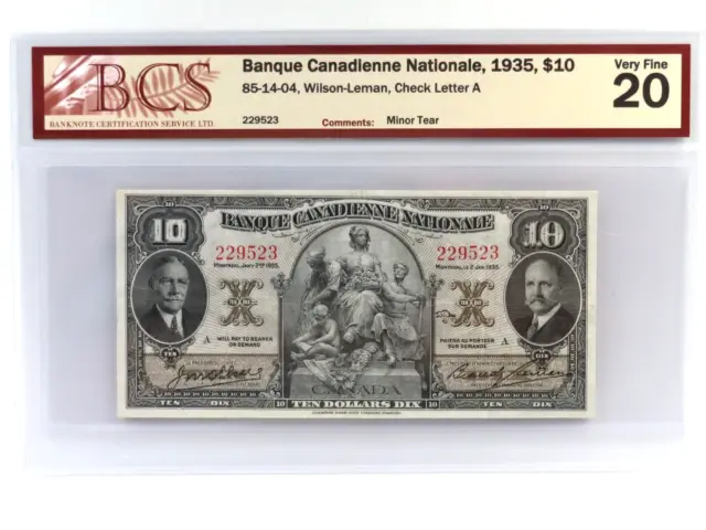 1935 Ten Dollar $10 Banque Canadienne Nationale Banknote, Very Fine VF 20