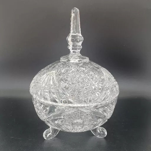 Vintage Heavy Large Tri-Footed Pressed Clear Glass Candy Dish With Lid