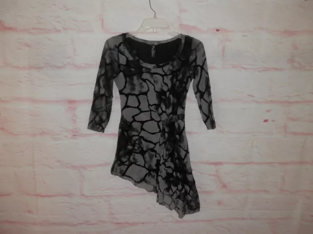 Elana Kattan Women XS Black & Gray 3/4 Sleeve Asymmetrical Long Blouse Top 4198