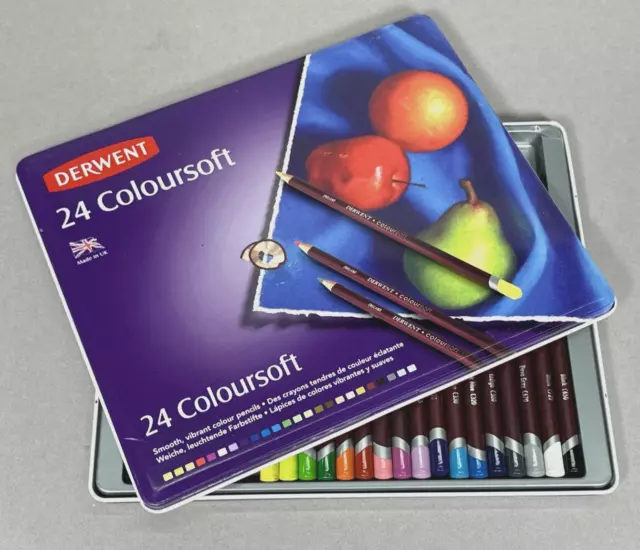 Lápices Derwent 24 Coloursoft en estuche de metal lata 0701027, colores suaves y vibrantes