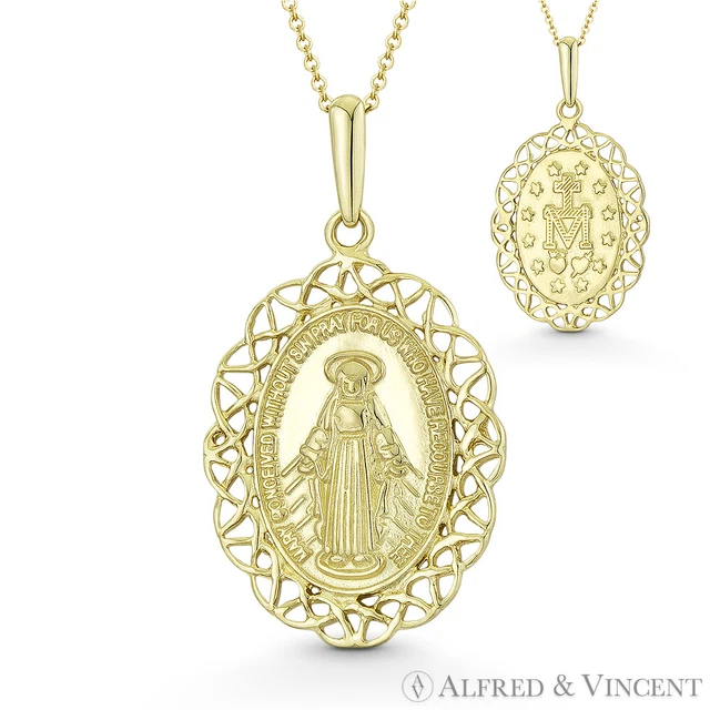 HOLY MOTHER MARY Miraculous Medal Marian Cross 14k Yellow Gold ...