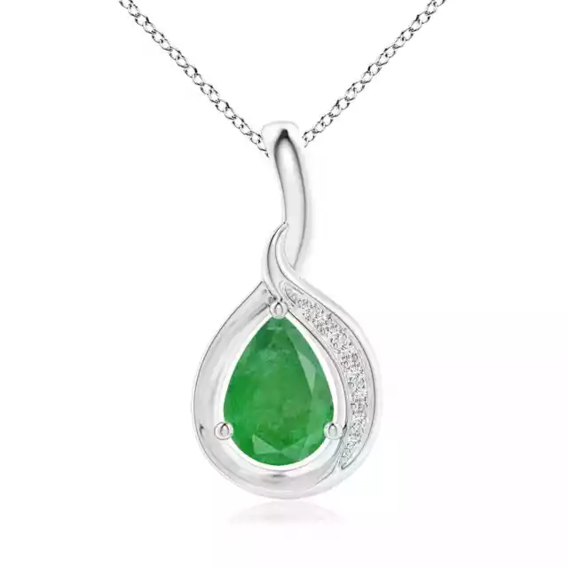 ANGARA 7x5mm Natural Emerald and Diamond Loop Pendant Necklace in Silver