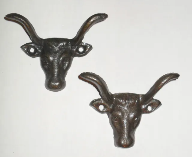 Silver PEWTER cast iron Cow head LONGHORN drawer pulls knobs or HOOK - pairs