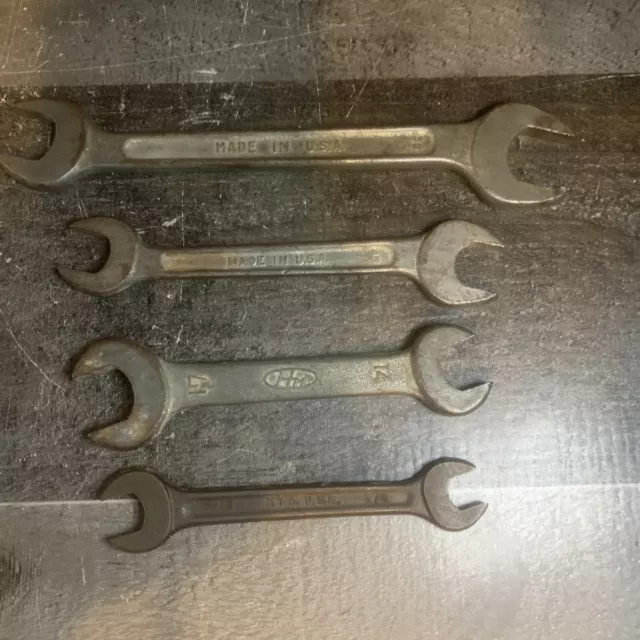 Lot of 4 Vintage Old Open End Wrenches - USA Sizes and Makers