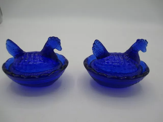 Hen on Nest Salt Dish Pair Retro Depression Style Blue Cobalt Glass