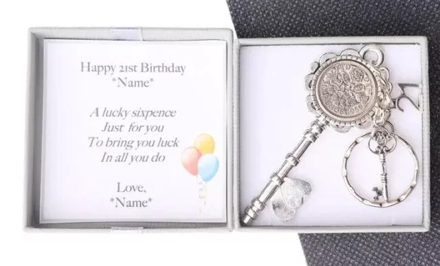 Personalised 21st Birthday Gift Lucky Sixpence Keyring - Heart Key With Charms