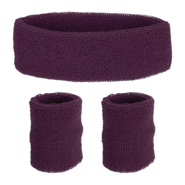 1 Headband & 2 Sport Wristbands Cotton Athletic Sweatband Dark Purple