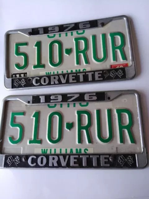 Two 1976 Corvette license plate frames With 2 Ohio Plates. Very Good.. In Bin F1