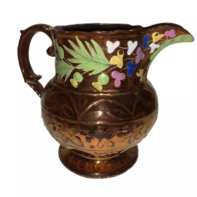 Antique Copper Luster Lutsre Ware Pitcher Raised Relief Hand Painted Flowers