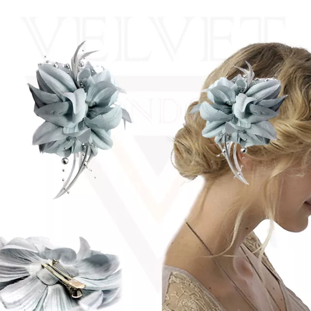 Grey Flower Feather Bead Wrist Corsage Bridal Hair Clip Pin Brooch Headpiece