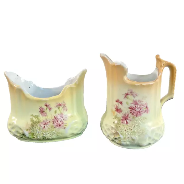 Victorian Porcelain Open Sugar Bowl and Creamer Hand Painted Garden Pink Floral