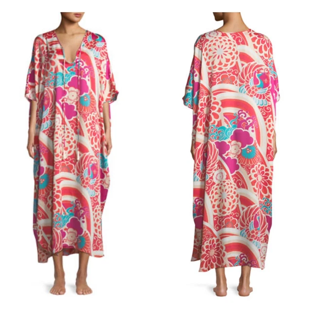 Josie Natori Obi Crane Floral Tassel Kaftan Caftan Lounge Dress XL $195