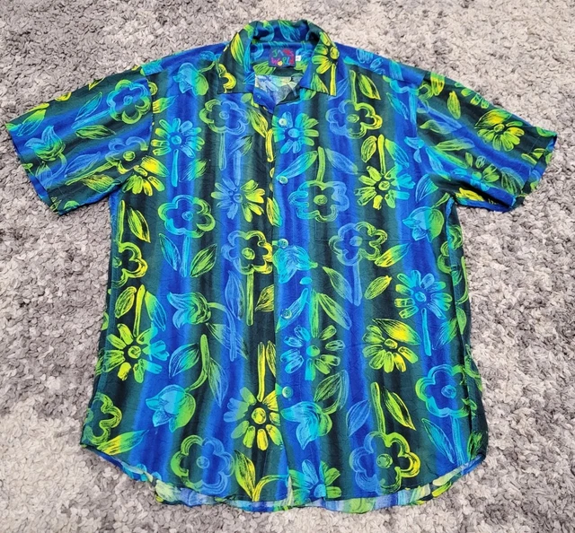 Vintage Jams World Mens Size Small Hawaiian Shirt Floral Colorful Green Blue