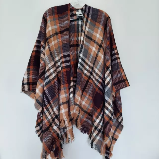 Classic Plaid Open Front Ruana Wrap Brown Beige Maroon Tartan Shawl Cape