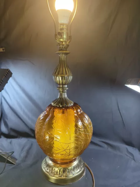 Vintage Amber Glass Cracked Crackle Globe Table Lamp MCM Dark Gold Tone 31.5"