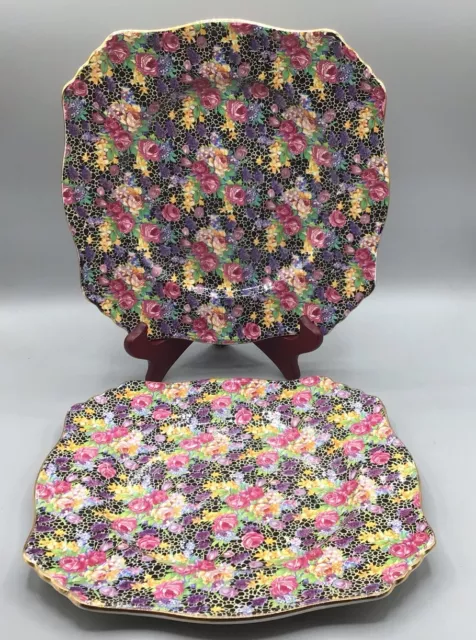2 Royal Winton Black Chintz dinner plates HAZEL (Black Floral) - 9 3/4" x 9 3/4"