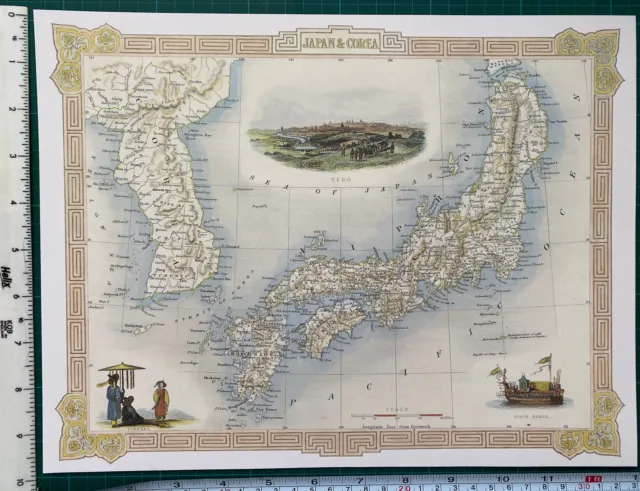 Old Antique vintage picture map 1800s Japan & Korea, Yedo: Tallis Reprint 1851