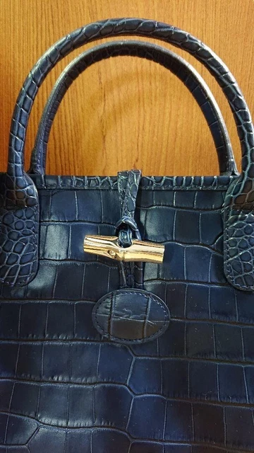 LONGCHAMP ROSEAU CROC EMBOSSED Leather Handbag Tote Blue Navy [Very Good] 3