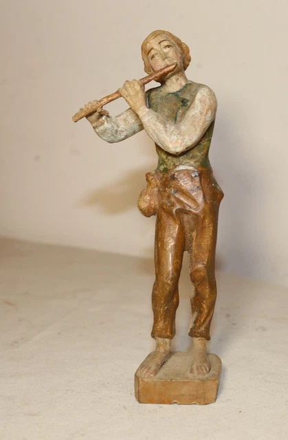 antique hand carved wood figural musician flute player folk art statue sculpture
