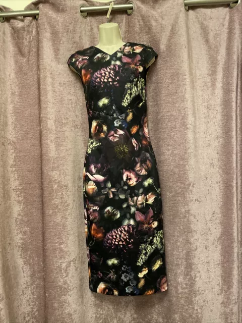 TED BAKER FLORAL BLACK MIDI BODYCON DRESS Ted Baker Size 1 (UK Size 8)