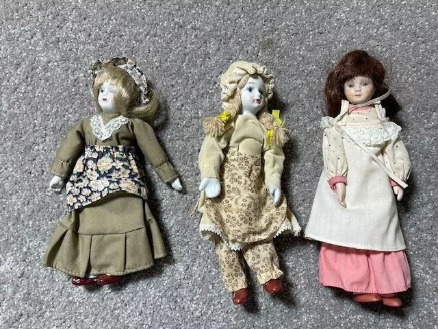 Vintage 8 In Victorian Dolls Cloth body  Porcelain Hands Face Feet Lot of 3