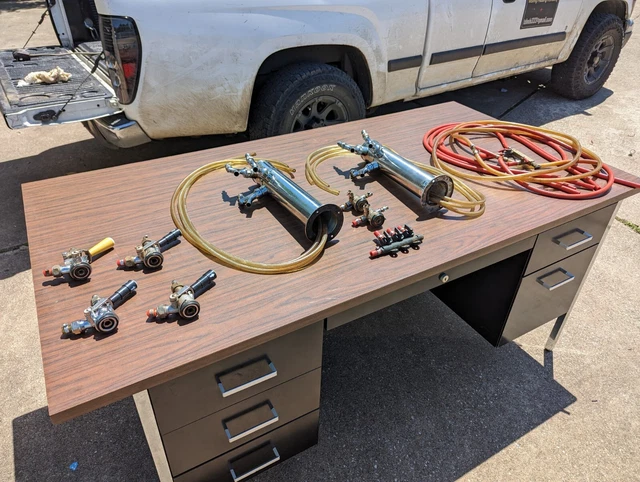 Two Triple Tap Bar Taps w/Regulators, Splitters, Connectors, Hoses