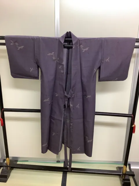 Japanese Vintage Kimono pure silk dark purple embroidery dirt Height 50.39inch