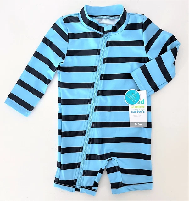 NWT Carters UPF50 Sun Protective Long Sleeve Blu Outdoor Swim Infant Romper 3-6M