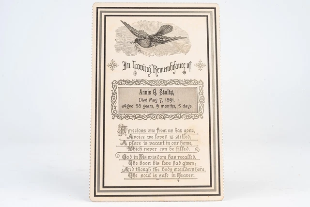 Died 1891 Annie G Stults Victorian Death Mourning Funeral Card White Silver V28